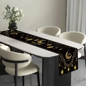 1pc Eid Table Flag, Black Gold Bottom Moon Lantern Table Flag, Polyester Table Flag, suitable for Eid Table Decoration, Living Room Decoration, Eid Party Party Decoration, Dining Table Centerpiece