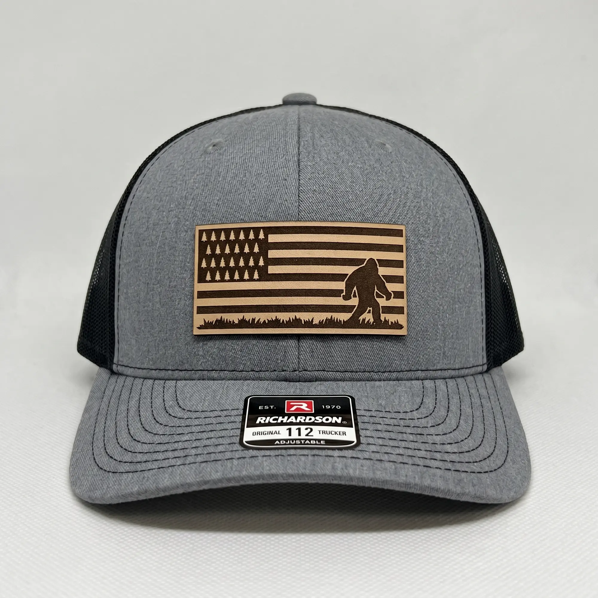 Bigfoot American Flag Leather Patch Hat, Sasquatch Pine Tree Flag Richardson 112 Trucker Cap, Outdoor Adventure Nature Lover Gift