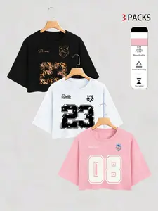 Women's 3-Pack Number Print Cropped Top, Casual Loose Fit Design, Skin-Friendly Material, Various Prints Including Leopard 23 & Distressed 23