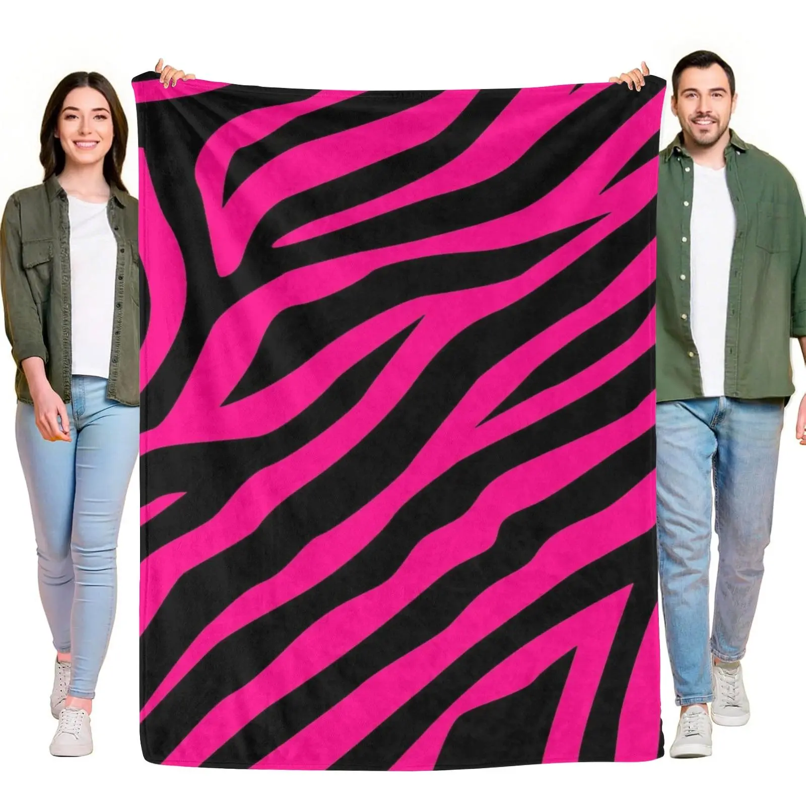 Hot Pink Black Zebra Stripes Seamless Animal Print Throw Blanket, Bright Neon Wild Pattern Soft Flannel Blanket for Trendy Aesthetic Teen Bedroom Decor