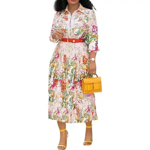 Lapel Three-Quarter Sleeve Knee Length Pleated Floral Women's Sheath Dress