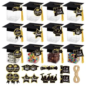 12PCS 2026 Graduation Party Favor Boxes – Mini Clear Grad Cap Candy Jars with Tassel, Cards & Rope (2.4 × 2.4 × 3.1 Inch)