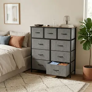 9 Drawer Tall Fabric Clothes Cabinet, Wood Top Storage Chest with Grid Design, Steel Frame & Easy Pull Handles, Charcoal Fabric Storage Tower for Bedroom Hallway Entryway Closet