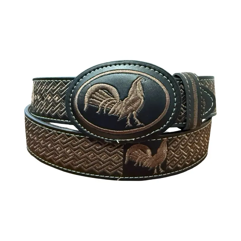 Black Western Style Embroidered Rooster Leather Belt Cinto Charro Piteado Cinto Negro Bordado Vaquero con Gallo de Piel