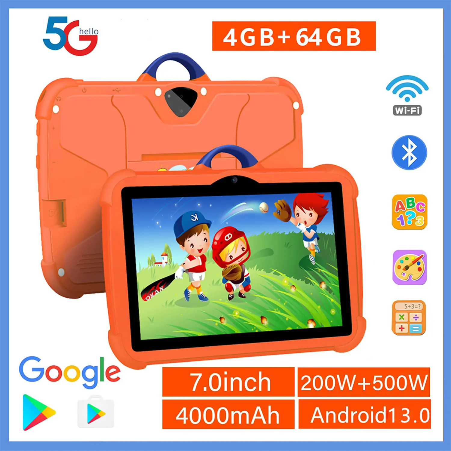 7-Inch LCD Touchscreen 5G Wireless Android Tablet PC - 4GB RAM 64GB ROM Quad-Core CPU, Game Mode Device, Back to School Haul Gift for Children