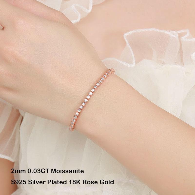 EWYA Sparkling 2/3mm Full Moissanite Tennis Bracelet for Women Party S925 Silver Plated 18K Pass Diamond Test Bezel Bracelets