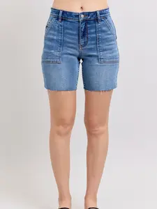 Judy Blue Full Size Mid Rise Bermudas Denim Shorts W/ Back Flap Pockets Plus Size
