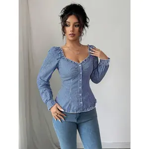 Women's Blue Striped Shirt Y2K Style Sweetheart Neckline Long Sleeve Blouse for Daily Wear Casual Fashion