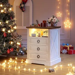 Lvifur Nightstand with Charging Station,Farmhouse End Side Table with 3 Drawers and Open Storage,Smart Bedside Table with LED Light & Human Sensor for Bedroom,
