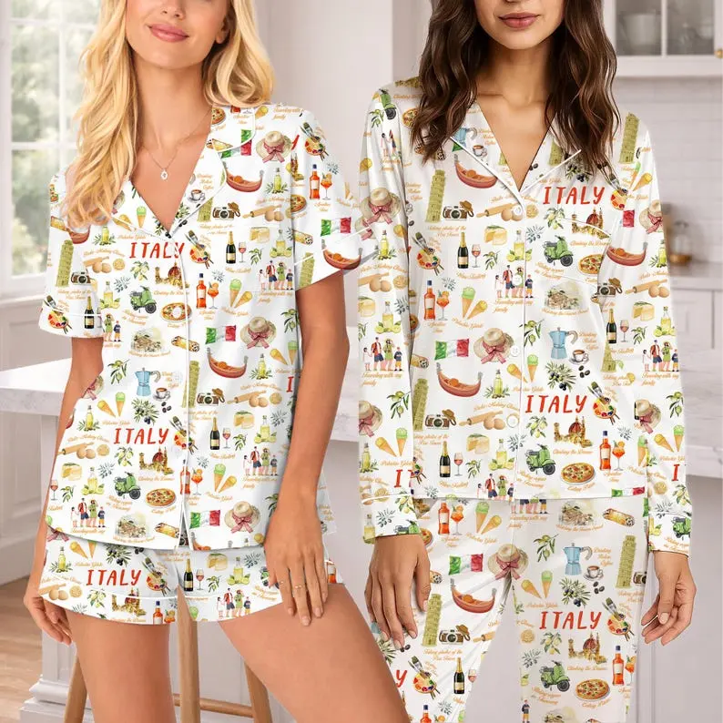 Women's Italian Food Print Satin Pajama Set, Long or Short Sleeve Button Up Sleepwear, Travel Lover Gift Loungewear
