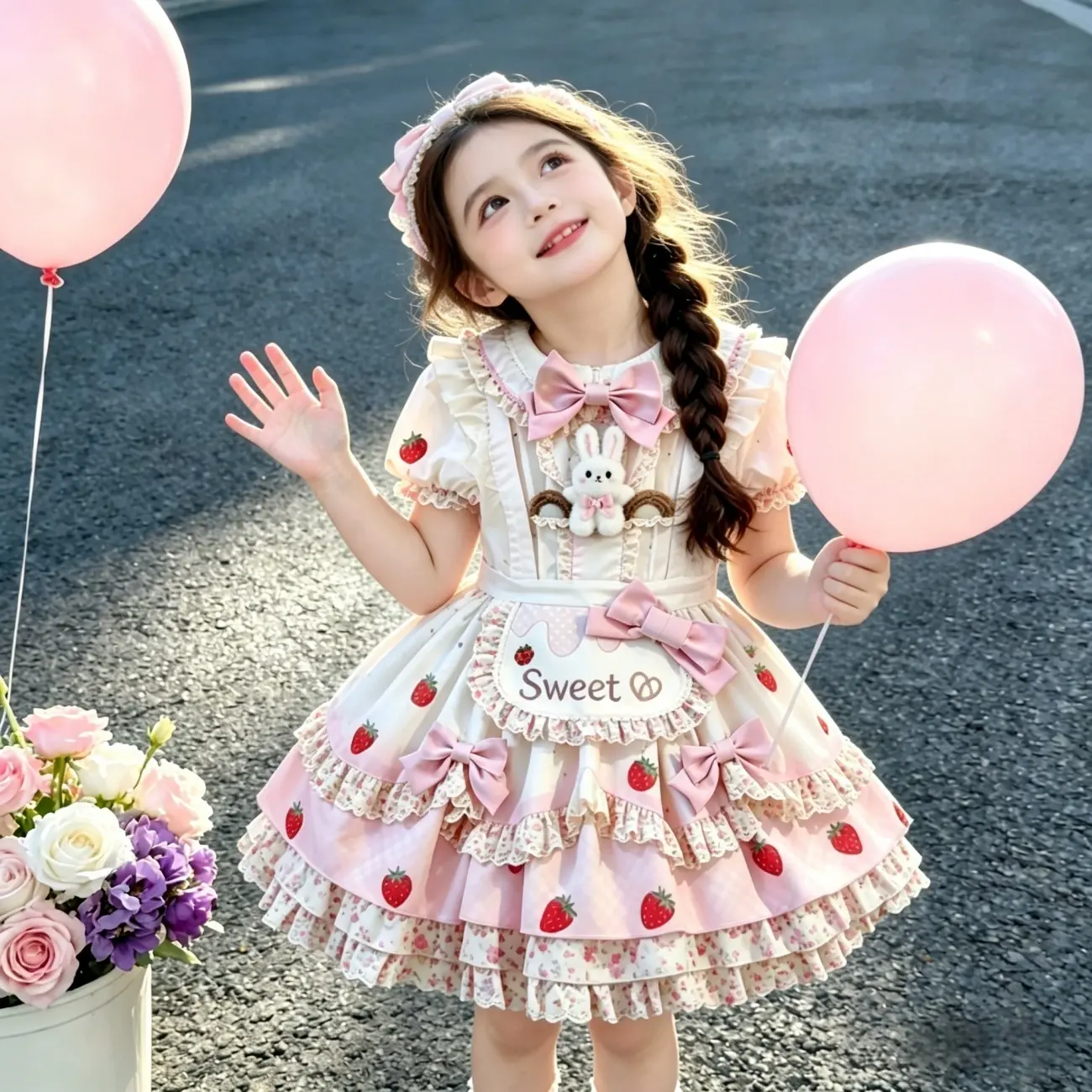 Toddlers’ Soft Breathable Fabric Strawberry Print Tiered Ruffle Dress - Lace Trim Princess Party Gown with Bow Accent, Soft Breathable Fabric Dress
