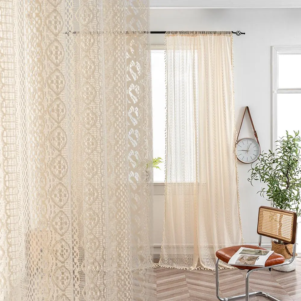 Openwork Woven Fabric Craft Curtain, Boho Style Tassel Curtain, Home Decoration Curtain, Home Decor for Living Room Bedroom Kitchen Wardrobe, Window Curtain, Home Decorative Curtain