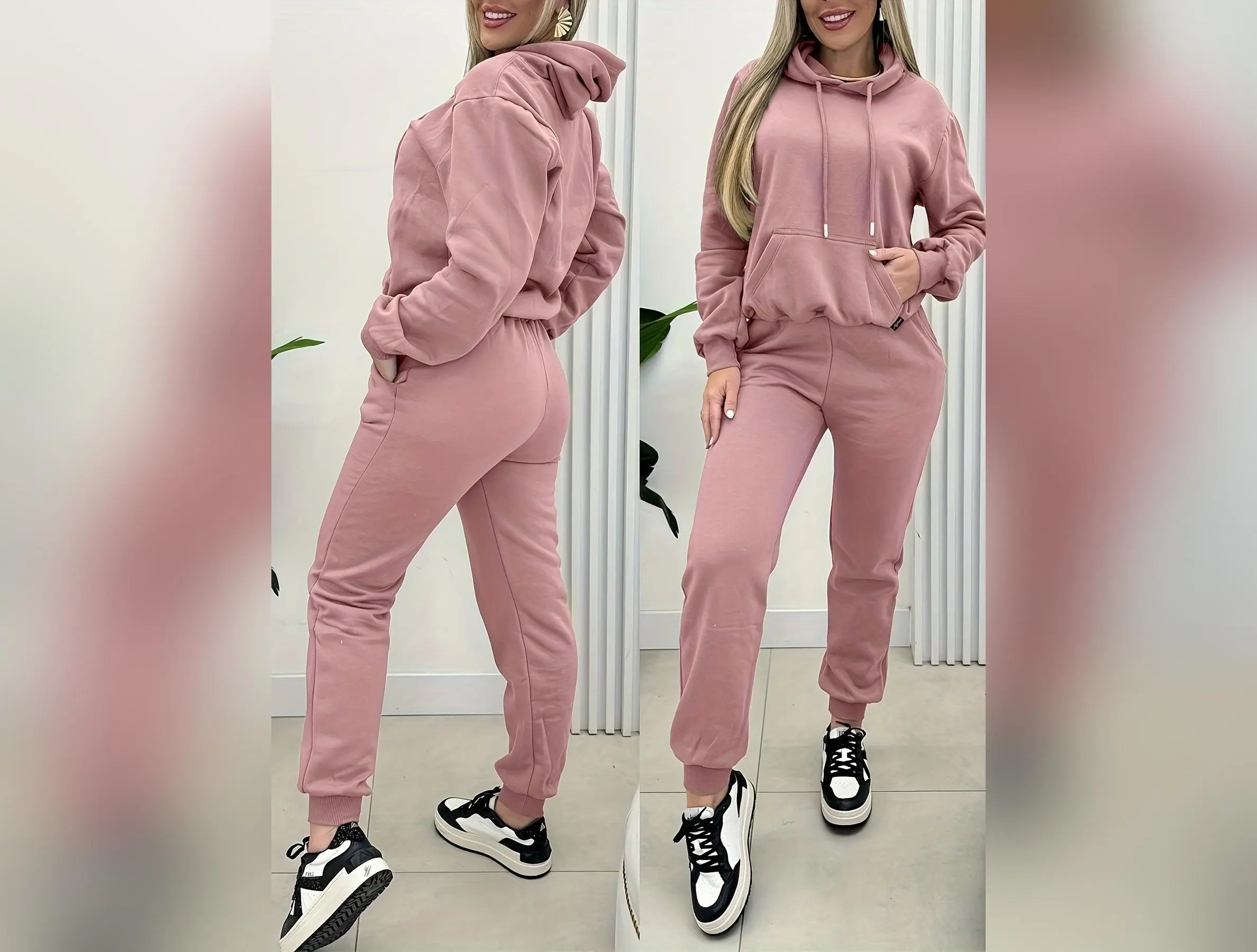 Two-Piece Solid Colors Velvet Drawstring Hoodie And Double-Pocket Sweatpants Suit For Fall And Winter With Long-Sleeved Kangaroo Pocket