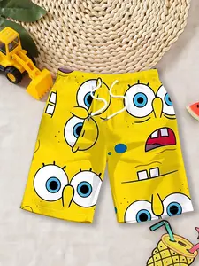Boys' beach shorts "SpongeBob Emoji Style" with yellow background cartoon emoji prints + drawstring elastic waist design, full of childlike fun and eye-catching, instantly creating a summer pool/beach water-play atmosphere!