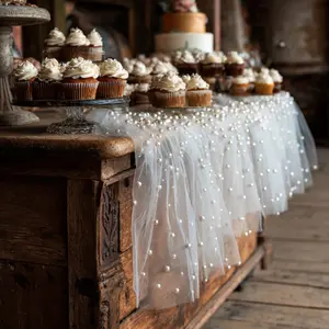 2-piece set, white semi-transparent tulle with pearls, 30*119 inches. Suitable for wedding ceremony decorations, table runners/bridal bouquets, holiday party decorations, Party decoration supplies, perfect for Christmas/Valentine's Day