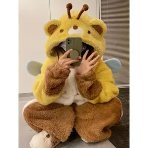 Cute Bee Onesie Pajamas, Warm Coral Fleece, Hooded Sleepwear with Pockets Fabric Loungewear Dress Winter Long Sleeve Womenswear Can be used with raincoatGift