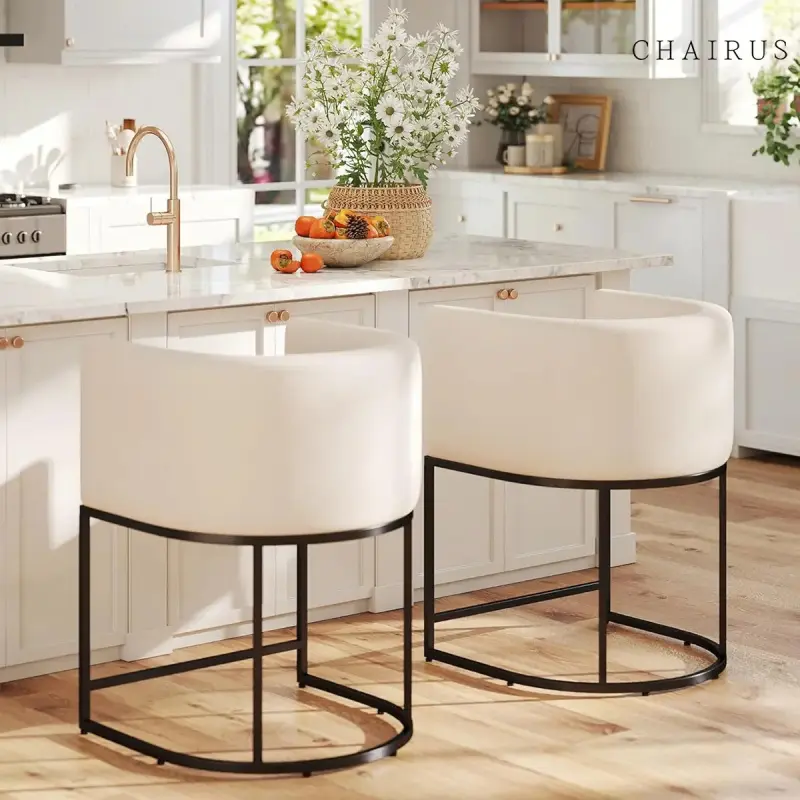 Counter Height Bar Stools, 24'' Modern Barrel Counter Height Stools, Linen Barstool with Backrest and Arms,Bar Chairs with Black Metal Frames and Footrest,Upholstered Accent Bar Stools for Kitchen Island, Dining Room,Cream,sum