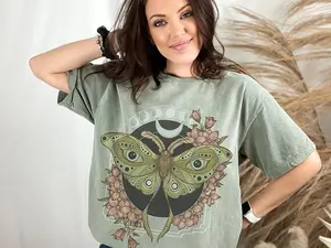 Comfort Colors Luna Moth TShirt, Wildflower Celestial Cottagecore Shirt, Mystical Moon Phase Top, Witchy Cute Boho Flower TX2