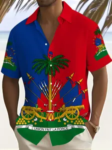 Men's Haiti Flag Tropical Hawaiian Shirt, 3D Print Collared Short Sleeve Button Up, Summer Beach Casual Tops