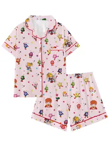 Rainbow brite Retro Cute Collar Short Sleeve Pajama Set, Comfortable Sleepwear for Home and Outdoors, Perfect Gift for Sleepwear Lovers