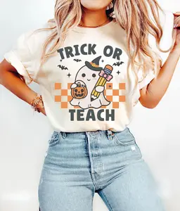Vintage Oversized Graphic Tee, Trick Or Teach Cute Ghost Teacher Halloween T-Shirt, Retro Spooky School Top for Women, Trendy Holiday Shirt, Comfort Colors Apparel, Gift for Educators, Daily Outfit