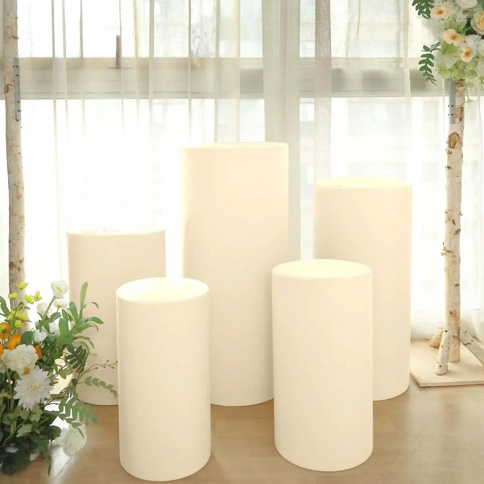 5-Piece Beige Spandex Elastic Cylinder Pillar Prop Covers, Stretch Fabric Pedestal Stand Covers - 160 GSM, Elastic Cover, Stretch Fabric Cover