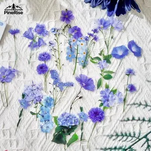 PineRise 40PCS Transparent PET Vintage Blue Purple Flower Stickers, Aesthetic Botanical Decals for Scrapbooking, DIY Crafts, Waterproof & Tear Resistant Indoor Recreation Supplies