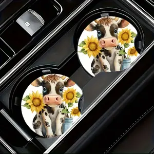 2-Pack EVA Cow Print Car Coasters - Anti-Slip, Absorbent Vehicle Cup Holder Inserts, Decorative Animal Design, Easy Clean Auto Accessories, Car Interior Accessory