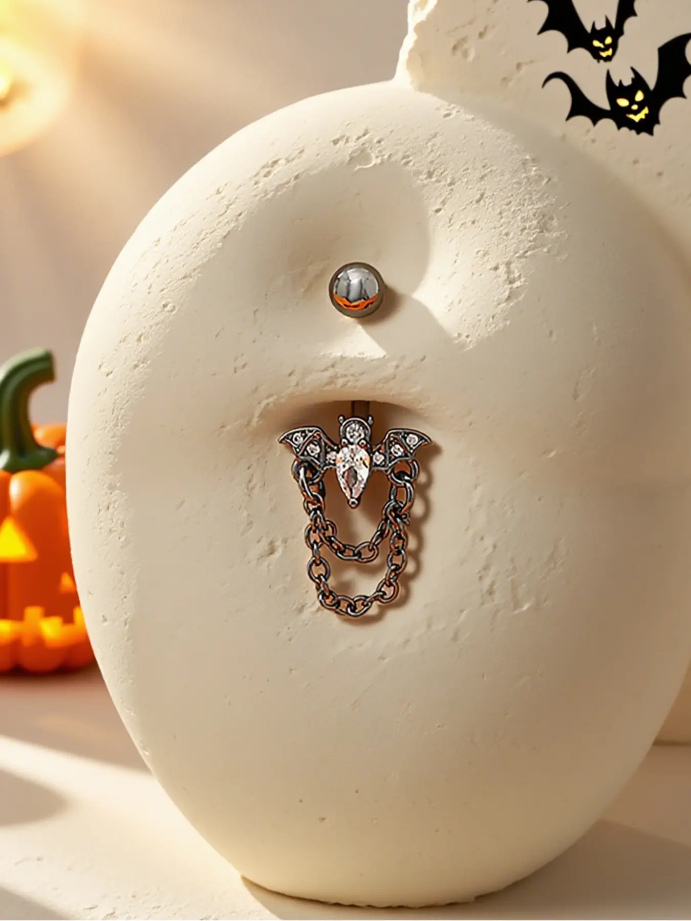 Punk Dark Heart Artificial Zircon Bat Chain Belly Ring, Halloween Navel Piercing Jewelry for Women, Body Jewelry Accessory, Body Piercings Accessories