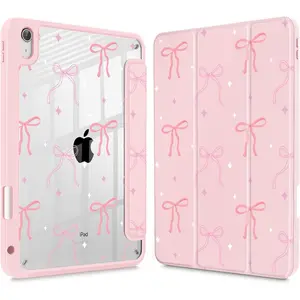 iPad Case for iPad 11 inch (A16 Chip) 2025 Gen 11th / iPad 10.9 inch 2022 10th Gen, Buit in Pencil Holder with Shockproof Cover Clear Transparent Back Shell Auto Wake/Sleep,Pink Bow