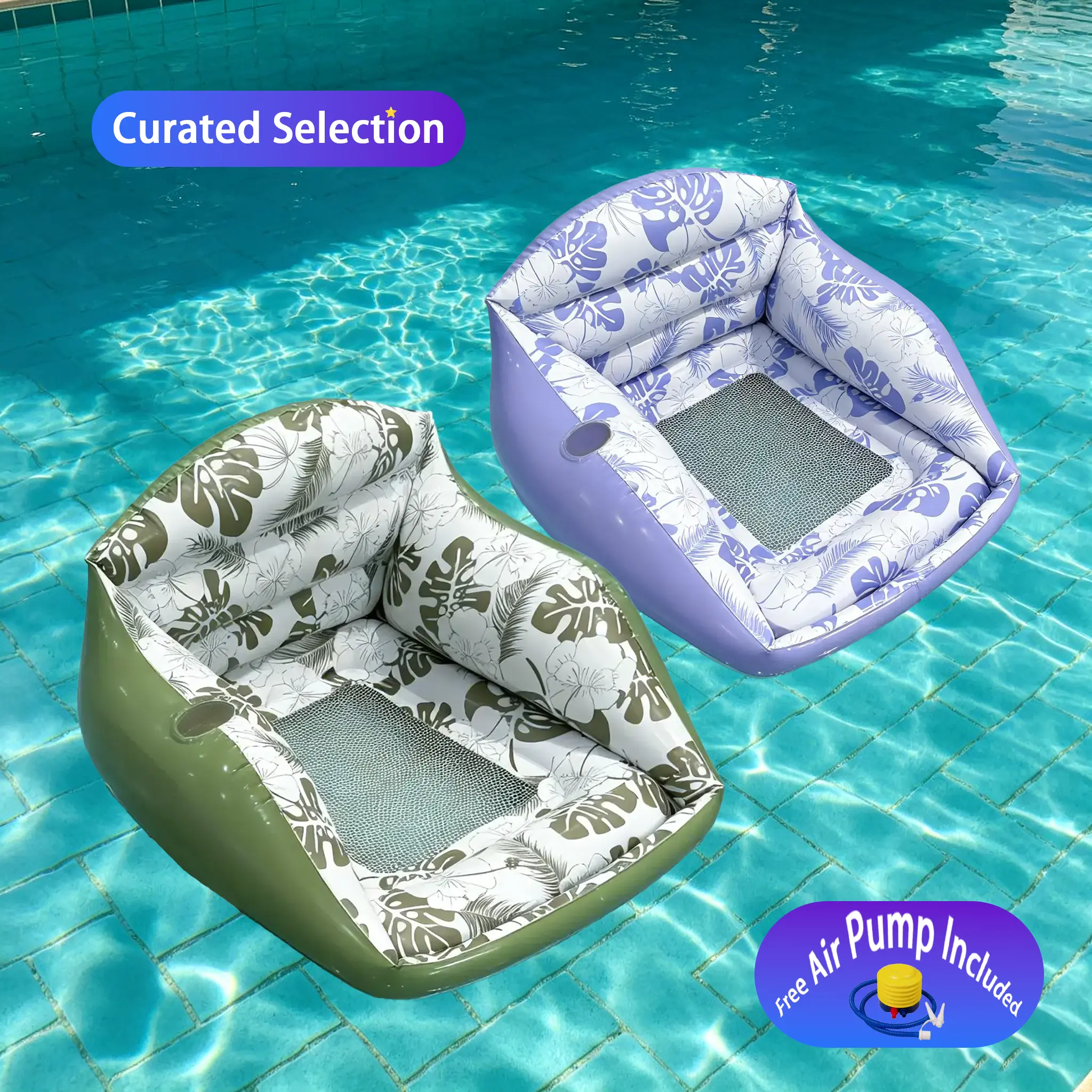 Tropical inflatable water sofa, multi-hole inflatable fruit plate--floating lounger with cup holder, extra-large adult pool float, perfect for the beach, lakes, pool parties, and summer leisure