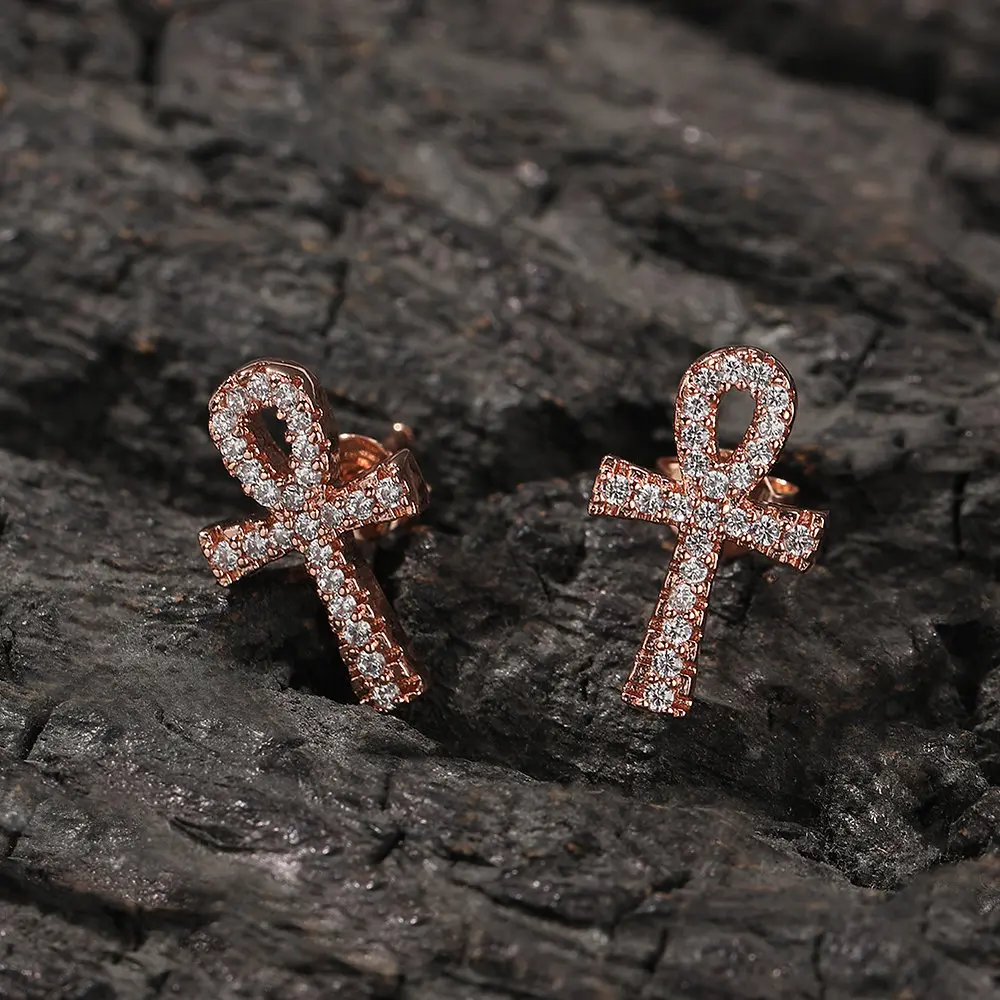 Ankh Cross Earrings for Men Women, Cubic Zirconia Cross Hoop Stud Earrings for Men Multicolored