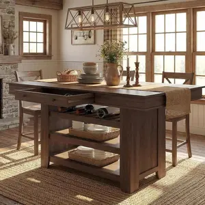 36" Tall Farmhouse Counter Height Dining Table for 4-6, Wooden Bar Height Kitchen Table with Thick Top, Deepened Wine Rack & Shelves, 2 Drawers, Rectangular, for Bar, Kitchen, Pub, Retro Brown