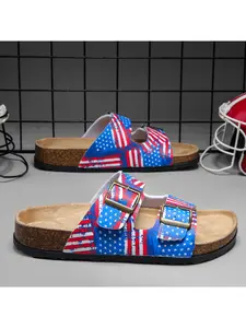 American red and blue printed slippers cork double belt design summer beach comfortable slippers for ladies Flat Slides