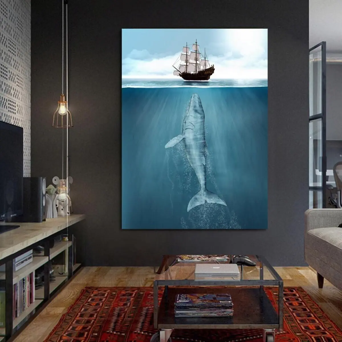 Room Decor, Sailing Ship Poster Print, Ready to Hang Poster Print, Whale Poster Wall Art, Sea Animals Poster Home Decor