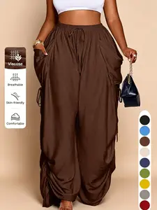 Women's Casual Loose-Fit Wide Leg Pants, All-Season Woven Fabric, Long Plain Design, Daily Commute& Vacation Wear