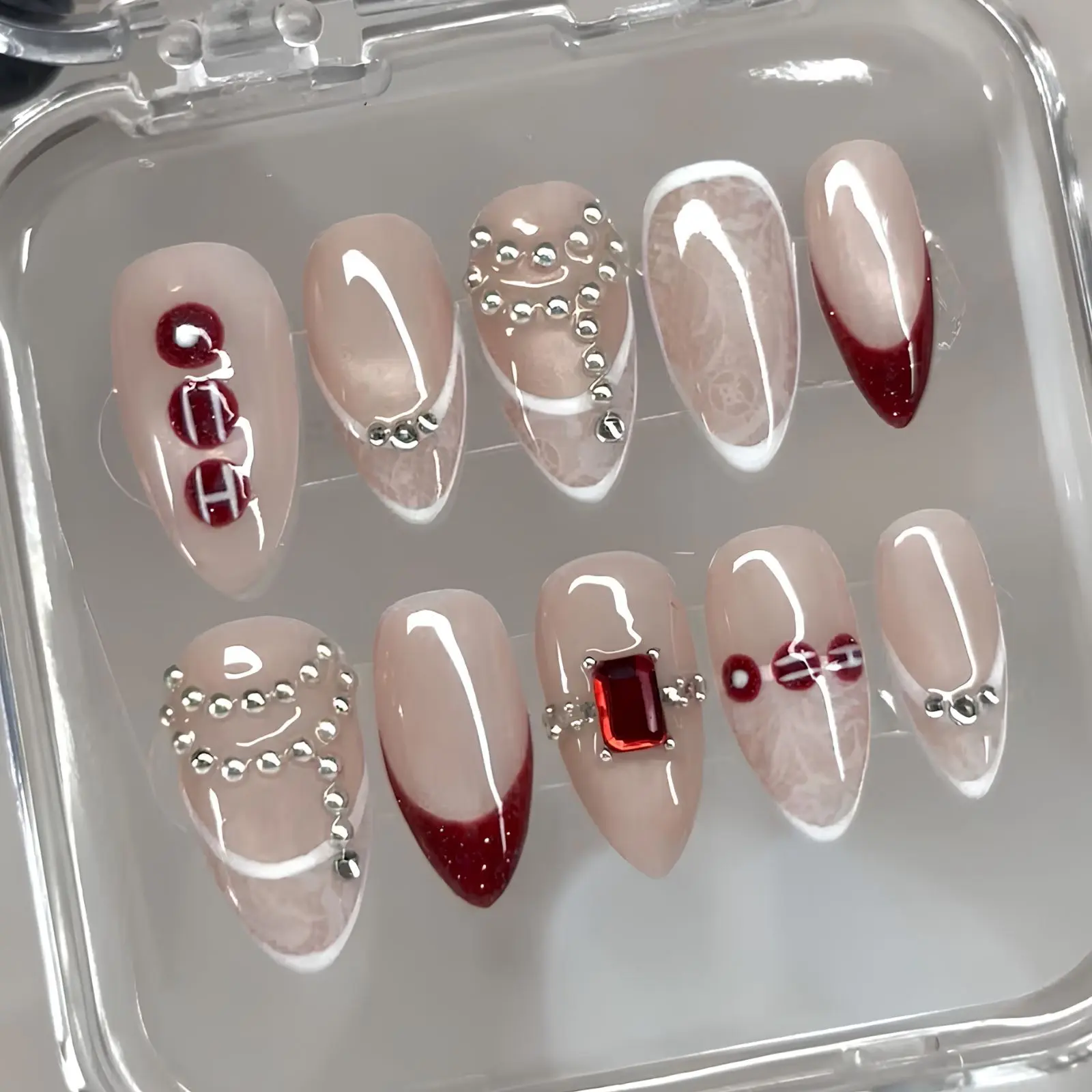 BST Fandom Kpop 2026 Tour Inspired Press On Nails | Luxury Burgundy French Tip Press On Nails ️| Elegant Rhinestone Nail Set | Handmade Gel Nails