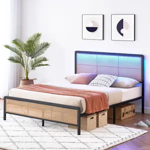 Full Size Bed Frame with LED Lights and Rattan Headboard, Modern Rattan Platform Bed, Heavy Duty Bed Frame with Metal Slat Supports, No Box Spring Needed, Easy Assembly, Black Bedroom Bedframe Bedroom Furniture