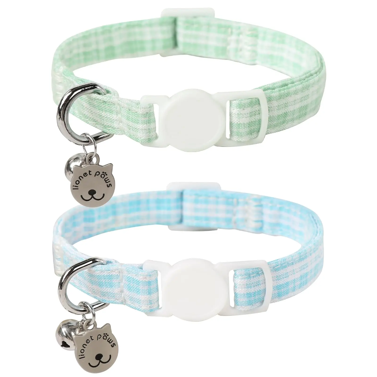 Lionet Paws 2pcs Pack Cotton Cat Collar,Breakaway Buckle with Green Blue Grid and Brand Pendant Cute Adjustable Cat Kitten Collar,Ideal for Girl Cats Boy Cats