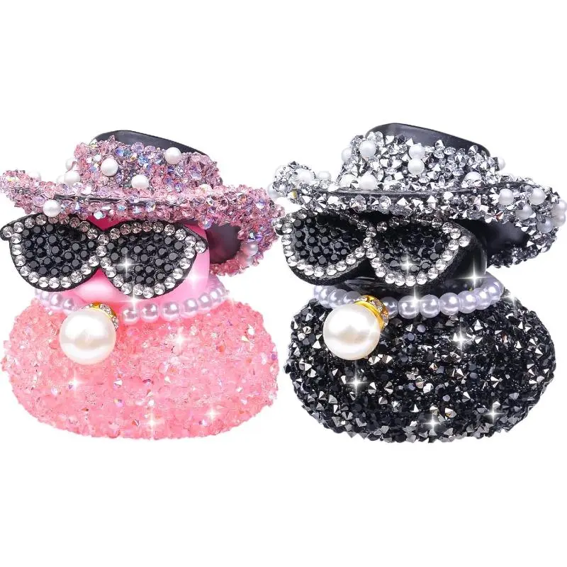 Rhinestones Rubber Duck Car Ornaments Funny Diamond Ducks Car Dashboard Decorations Duck Accessories with Shiny Cowboy Hat