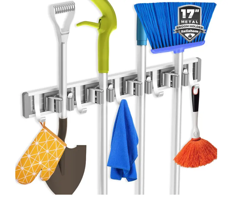 reliahom Adjustable Broom Holder Wall Mount, Mop Storage Tool Racks, Broom Hanger Tool Organizer for Garage, Kitchen, Garden, Laundry Room, 4 Racks 5 Hooks Silver