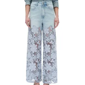 High Rise Lace Wide Leg Jean - Denim