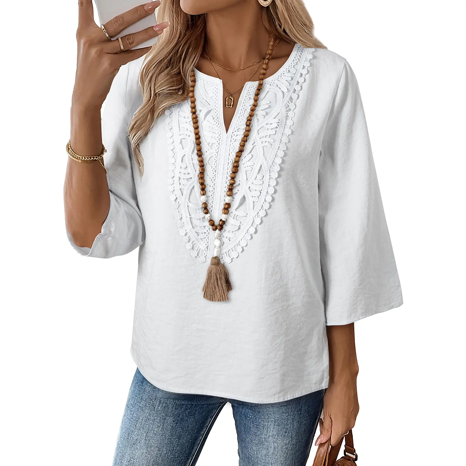 EVALESS Boho Tops for Women Blouses Dressy Casual V Neck 3/4 Sleeve Shirts Spring Outfits Trendy Vacation Clothes  Deals For You Days summer outfits,back to school,back to school shopping