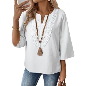 EVALESS Boho Tops for Women Blouses Dressy Casual V Neck 3/4 Sleeve Shirts Spring Outfits Trendy Vacation Clothes