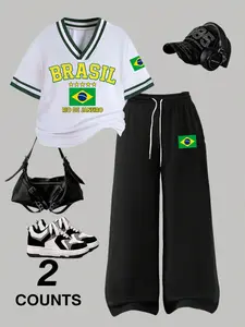 Brazil Graphic 2-Piece Set - Vintage Baseball Tee & Sweatpants Outfit