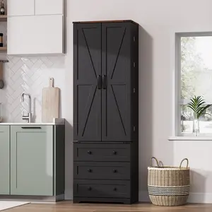 72" Tall Pantry Storage Cabinet – Freestanding Wood Cupboard with 2 Barn Doors, 3 Drawers, Adjustable Shelves, Versatile Storage for Dining Room, Bathroom, Living Room