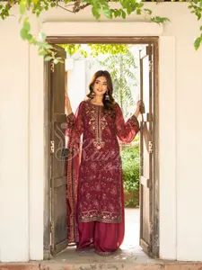 Karma Collections Embroidered Chiffon Suit with Embroidered Silk Dupatta and Sharara Party or Festive