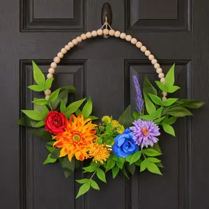 Creative Wooden Bead Faux Flower Wreath, Iron Ring Door Hanging Spring Summer Plant Wreath, Outdoor Photography Prop, Home Front Door Decor