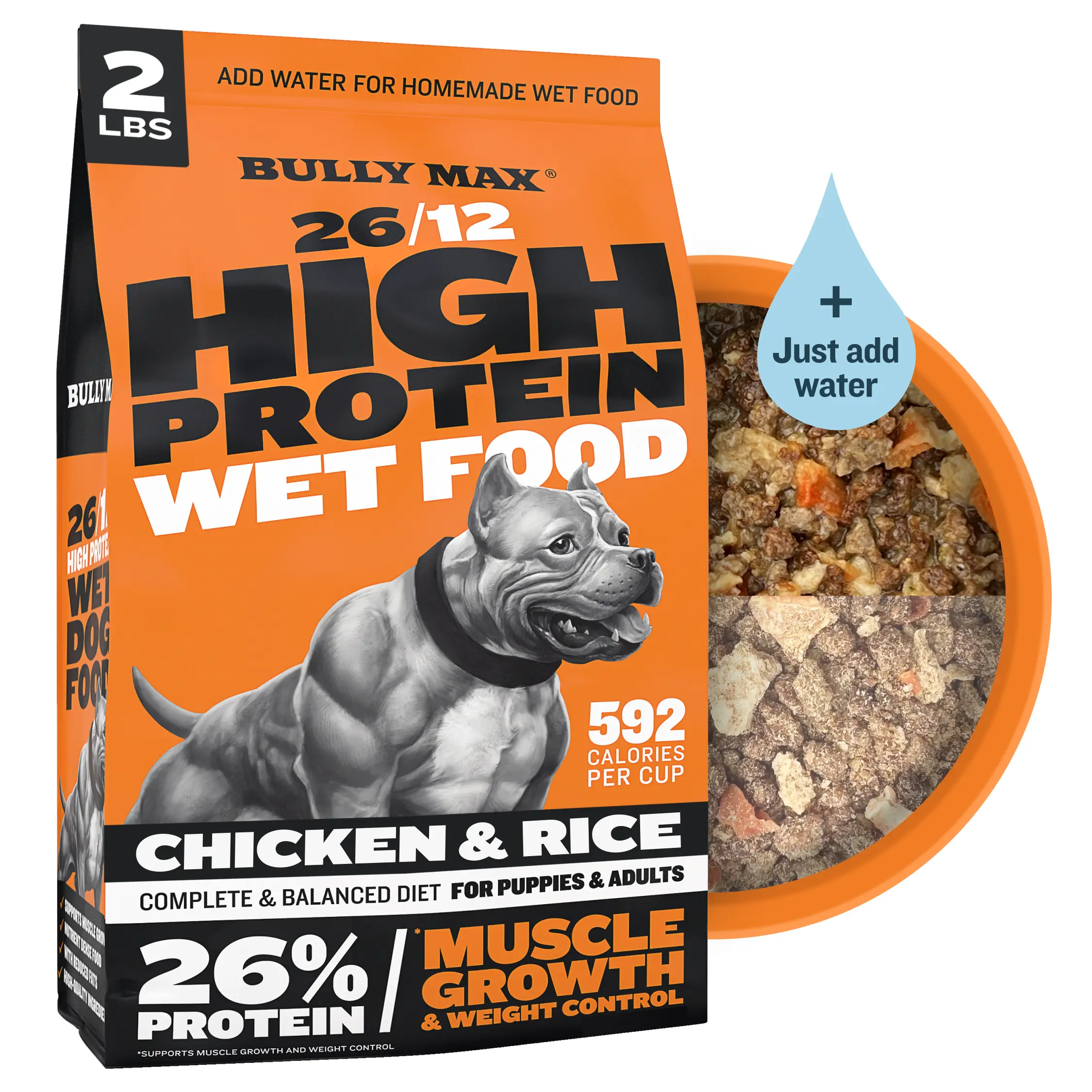 Bully Max 26/12 High Protein Wet Dog Food for Muscle Growth 592 Calories per Cup Made with Real Chicken, Barley, Oats, and Omega-3s
