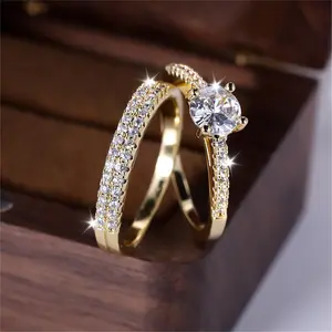 FASHION - Luxury Female 2pcs Small Round White Zircon Stone Ring Set Promise Gold Color Wedding Engagement Jewelry For Women